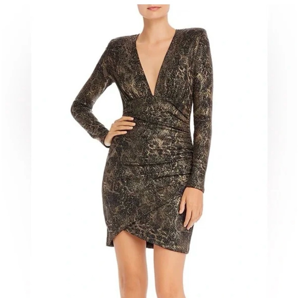 Alice + Olivia Women’s Gold Diaz Ruched Snake Print Mini Dress. Size 8 SKU 586